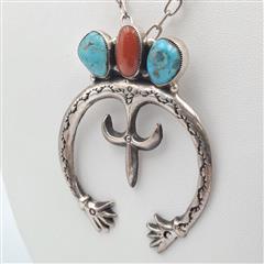 Vintage Old Pawn 925 Sterling Silver Turquoise & Coral Squash Blossom Pendant